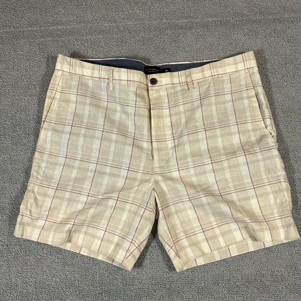 Club Monaco Baxter Fit Plaid Linen Blend Shorts Mens 38 Tan Cream Check